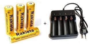 Ładowarka + 4 szt. Akumulator litowo-jonowy Rakieta 18650 12000 mAh