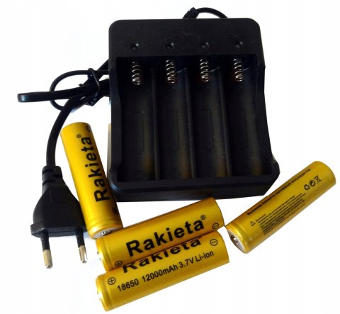 Ładowarka + 4 szt. Akumulator litowo-jonowy Rakieta 18650 12000 mAh