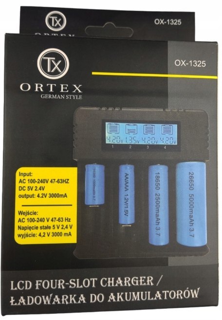 Ładowarka aku ORTEX Germany z wyświetlaczem LCD 4 SLOT 18650 26650 16340