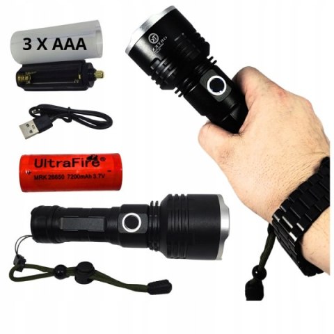 LATARKA SZPERACZ METALOWA BARDZO JASNA MOCNA CREE XHP90 AKUMULATOR USB